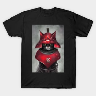 Samurai Cat wearing Red Armour T-Shirt